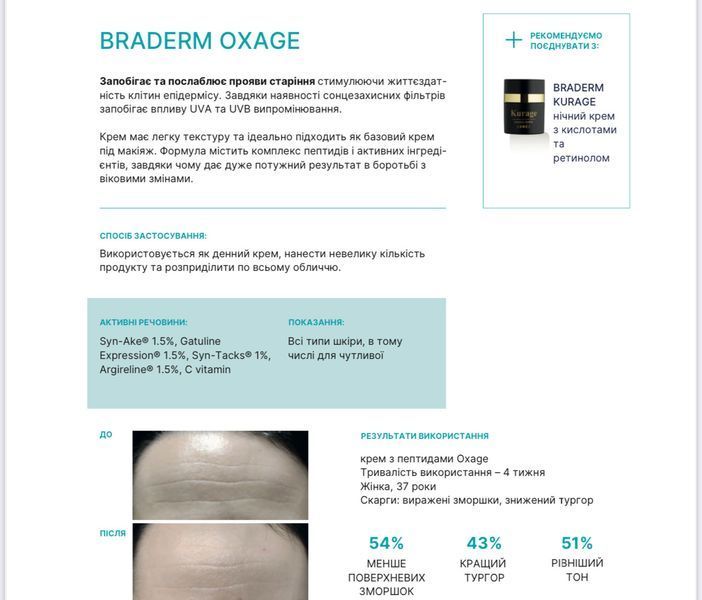 Антивіковий крем з пептидами Braderm Oxage Cream SPF30 30 мл 2453789384 фото